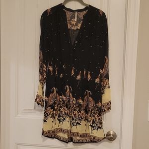 Free People Woven Black Floral LS Dress, XS